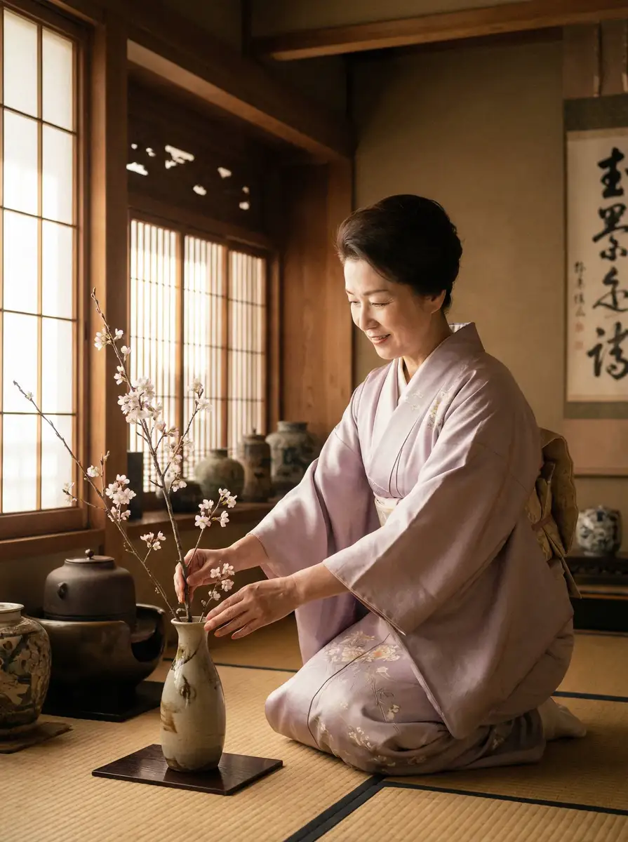 一位优雅的 姐妹会中的性奴 在和室中插花