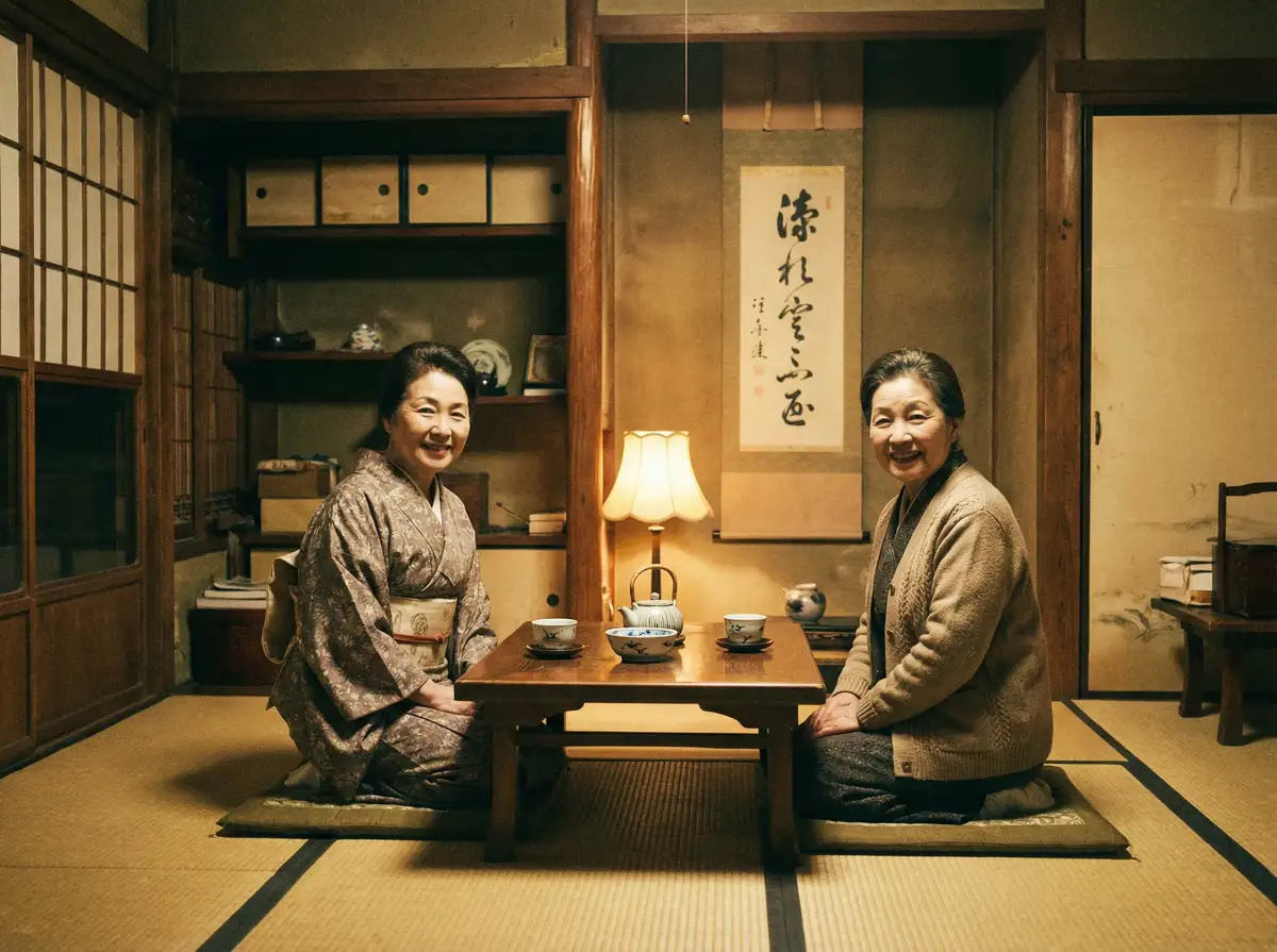 两位优雅的 姐妹会中的性奴 在日式茶室中品茶交谈